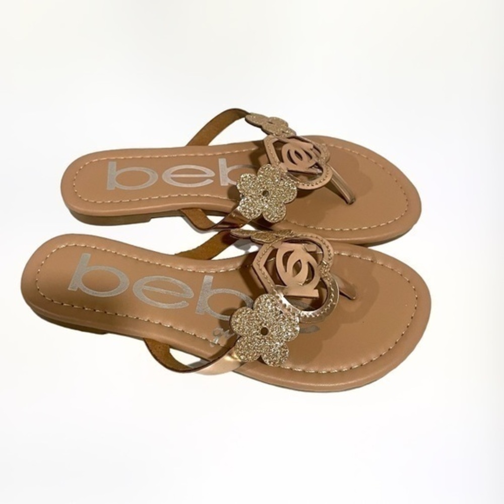 BEBE Girls rose gold fashion sandals flip flops heart & floral logo appliqué-13